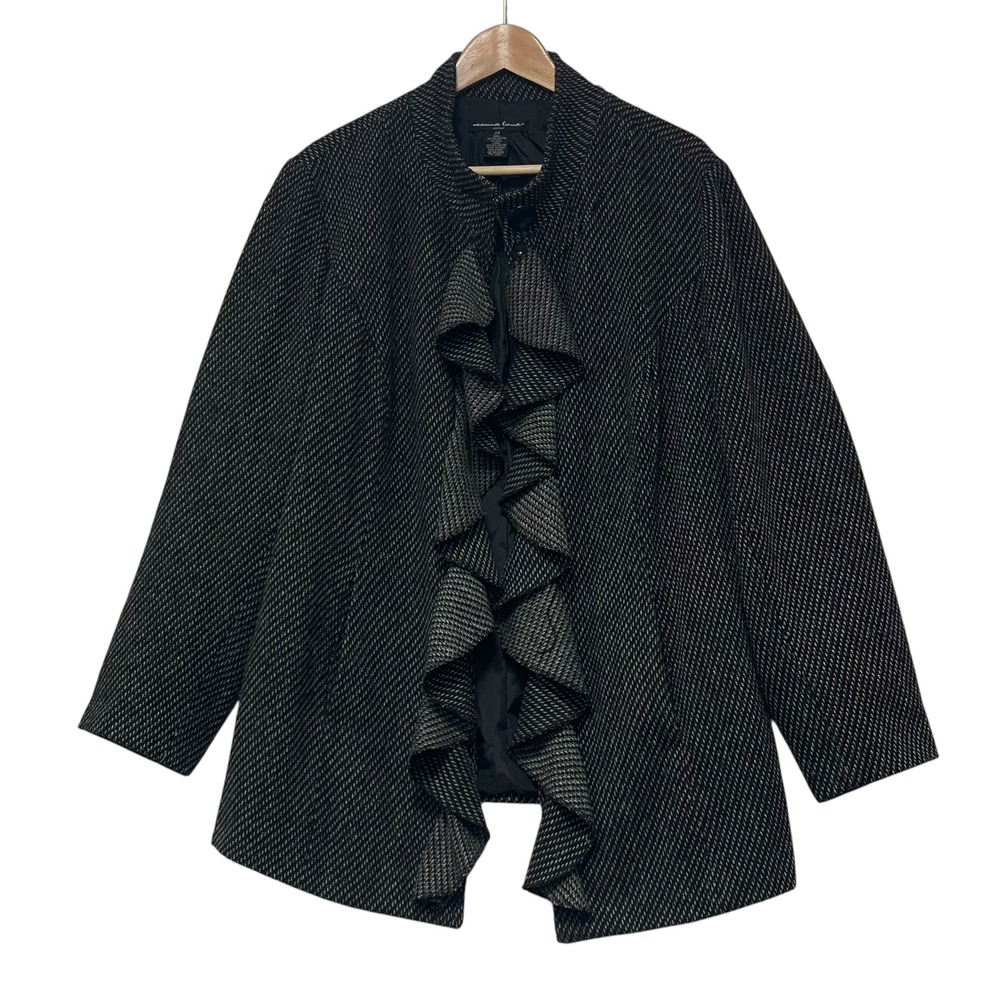 Marina Luna Woman Black White Ruffle Front Wool Blend Jacket Plus Size 2X - Picture 2 of 8